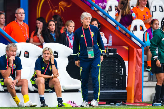Sveriges förbundskapten Pia Sundhage i kvartsfinalen