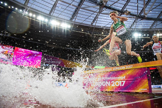 Algeriets Amina Bettiche i kvalet på 3000 meter hinder