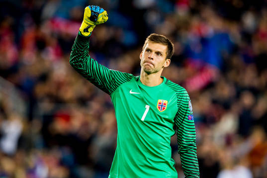Goalkeeper Rune Almenning Jarstein of Norway celebrates 1-0