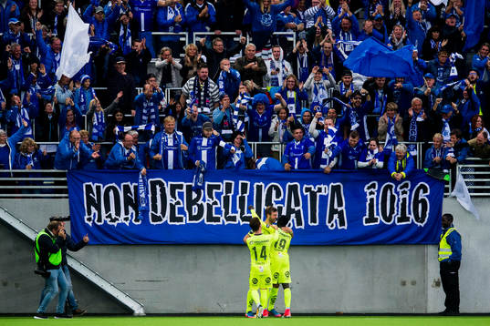 Krepin Diatta, of Sarpsborg, celebrates with his teammates