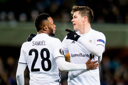 Samuel Adegbenro and Pål André Helland of Rosenborg