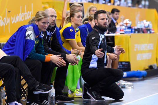 Sveriges förbundskapten Henrik Signell deppar i matchen