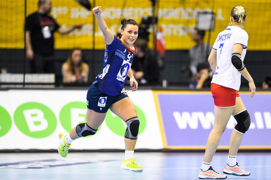 Norges Nora Mørk jublar  i kvartsfinalen mellan Norge och