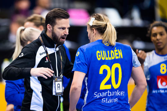 Sveriges förbundskapten Henrik Signell i samtal med