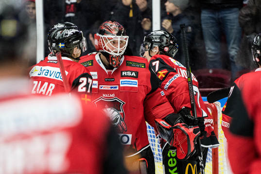 Malmö Redhawks spelare jublar med målvakt Oscar Alsenfelt