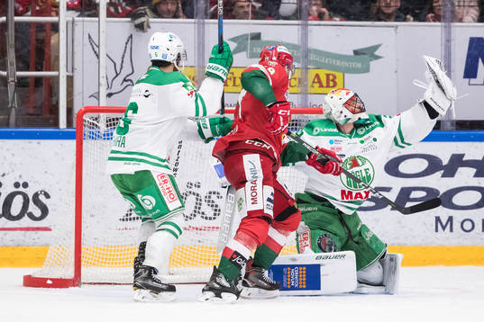 Rögles målvakt Justin Pogge räddar Moras John Persson