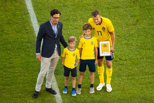 Viktor Claesson of Sweden is awarded man of the match