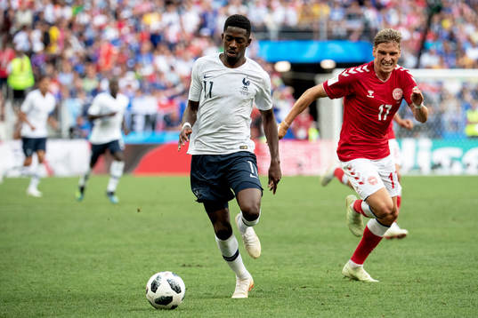 Ousmane Dembele of France and Jens Stryger Larsen of Denmark