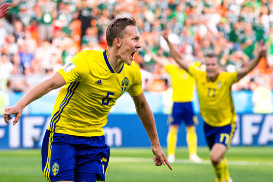 Ludwig Augustinsson of Sweden celebrates the 0-1 goal