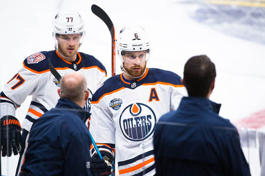 Oscar Klefbom and Adam Larsson of the Edmonton Oilers