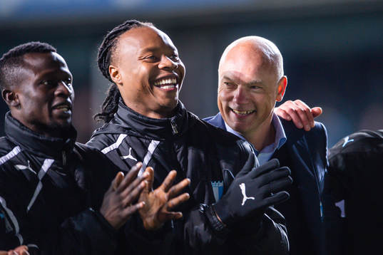 Malmö FFs Carlos Strandberg och tränare Uwe Rösler