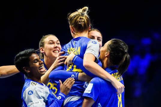 Nathalie Hagman of Sweden celebrates with teammates