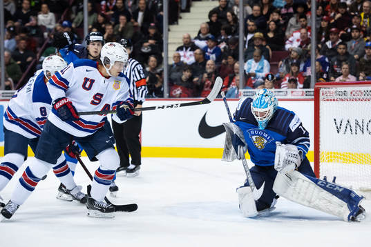 Ryan Poehling of USA shoots at goaltender Ukko-Pekka