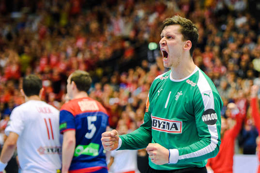 Goalkeeper Niklas Landin of Denmark celebrates