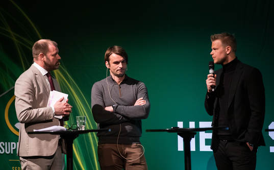 Daniel Kristiansson, konferencier, Mjällbys tränare Milos