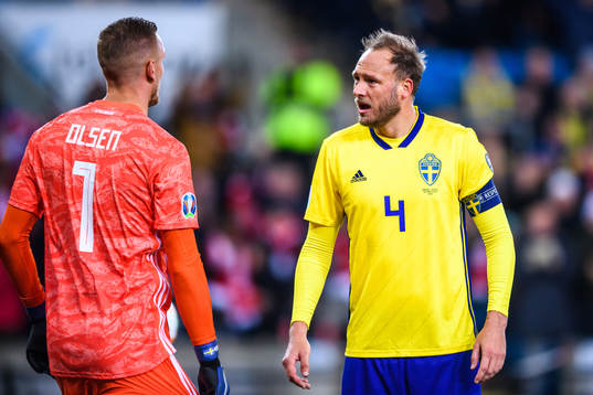 Goalkeeper Robin Olsen and Andreas Granqvist of Sweden