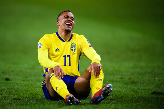 Robin Quaison of Sweden looks dejected