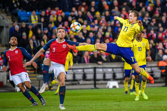 Kristoffer Ajer of Norway and Viktor Claesson of Sweden