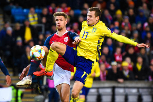 Kristoffer Ajer of Norway and Viktor Claesson of Sweden