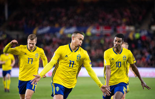 Viktor Claesson, Robin Quaison and Alexander Isak of Sweden