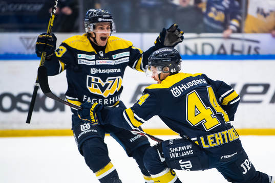 s Sebastian Wännström jublar med målskytten till 2-1