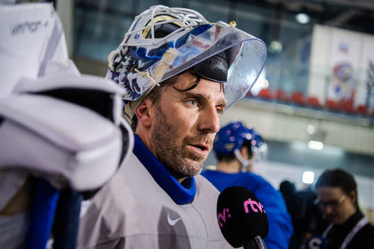Goaltender Henrik Lundqvist of Sweden is interviewed by