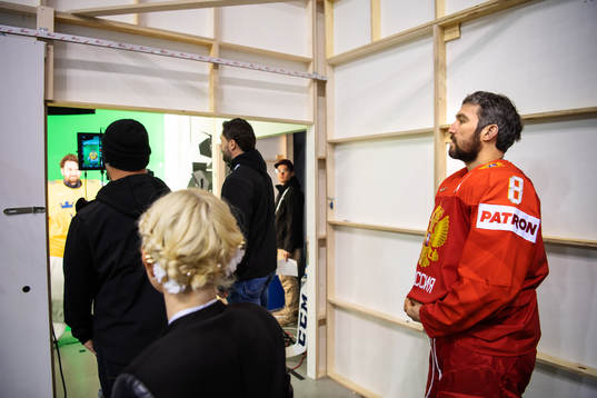 Alexander Ovechkin of Russia watches goaltender Jhonas