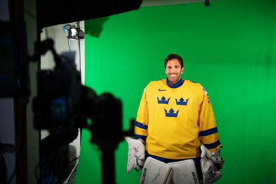 Goaltender Henrik Lundqvist of Sweden at a green screen