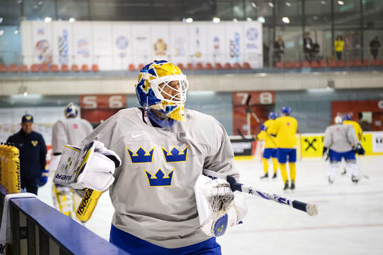 Goaltender Henrik Lundqvist of Sweden at a practice session