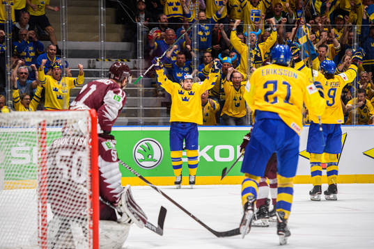 Anton Lander of Sweden celebrate