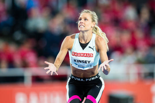 Erika Kinsey of Sweden reacts in the women's high jump