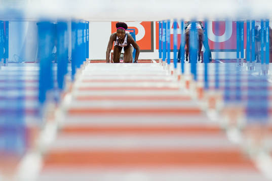 Tobi Amusan of Nigeria at the start in women's 100m hurdles