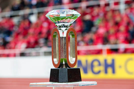 The Diamond League Trophy at a stand