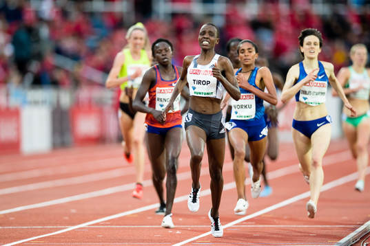 Agnes Jebet Tirop of Kenya finish first in the women's 5000m