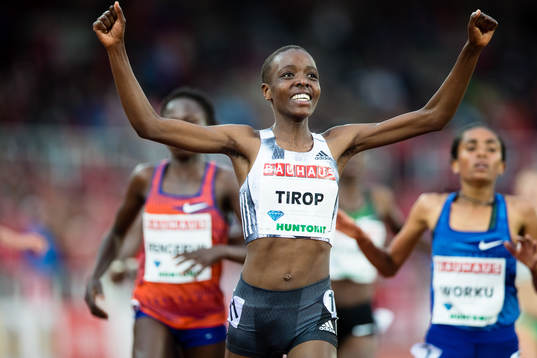 Agnes Jebet Tirop of Kenya celebrates