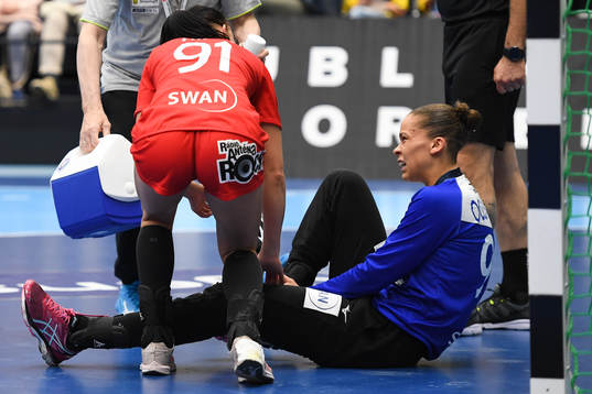 Goalkeeper Viktoria Oguntoye of Slovakia reaches for her