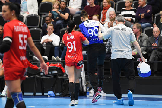 Goalkeeper Viktoria Oguntoye of Slovakia leaves the pitch
