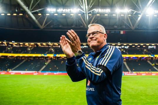 Head coach Janne Andersson of Sweden celebrates