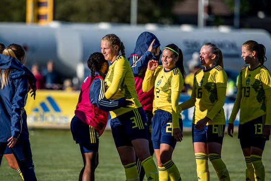 Sveriges spelare  jublar fter matchen