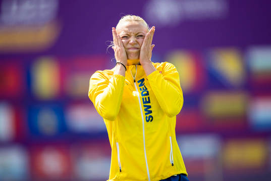 Kaiza Karlén of Sweden reacts in the women's long jump