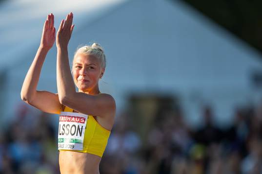 Maja Nilsson of Sweden celebrates when competing in women's