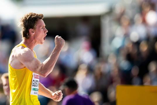 Andreas Gustafsson of Sweden celebrates when competing in