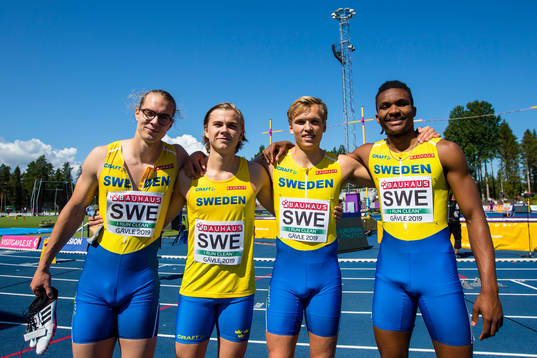 The Swedish 4x100m relay team poses for a portrait. From
