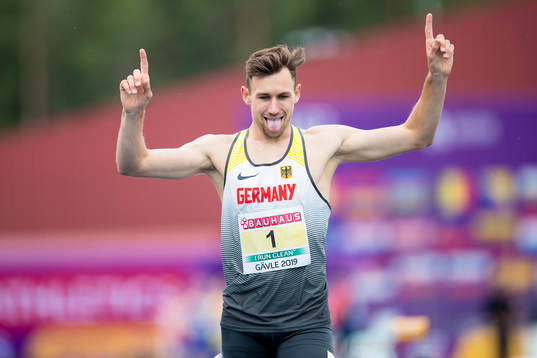 Niklas Kaul of Germany celebrates the victory in the 1500m