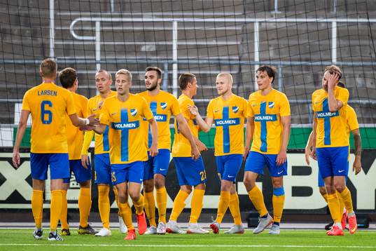 Kalle Holmberg of IFK Norrköping celebrate with teammates