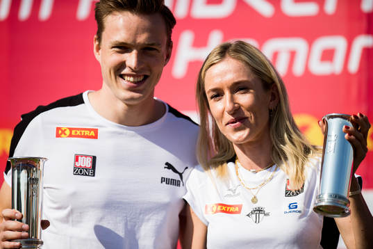 Karsten Warholm and Karoline Bjerkeli Grøvdal celebrate