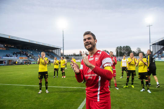 Goalkeeper Jonas Deumeland of Start celebrates