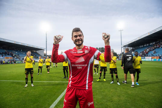 Goalkeeper Jonas Deumeland of Start celebrates
