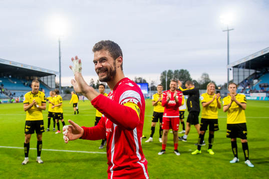 Goalkeeper Jonas Deumeland of Start celebrates with his