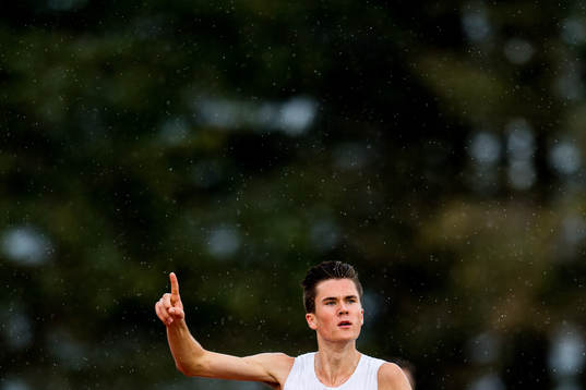 Jakob Ingebrigtsen of Norway celebrates winning the men's